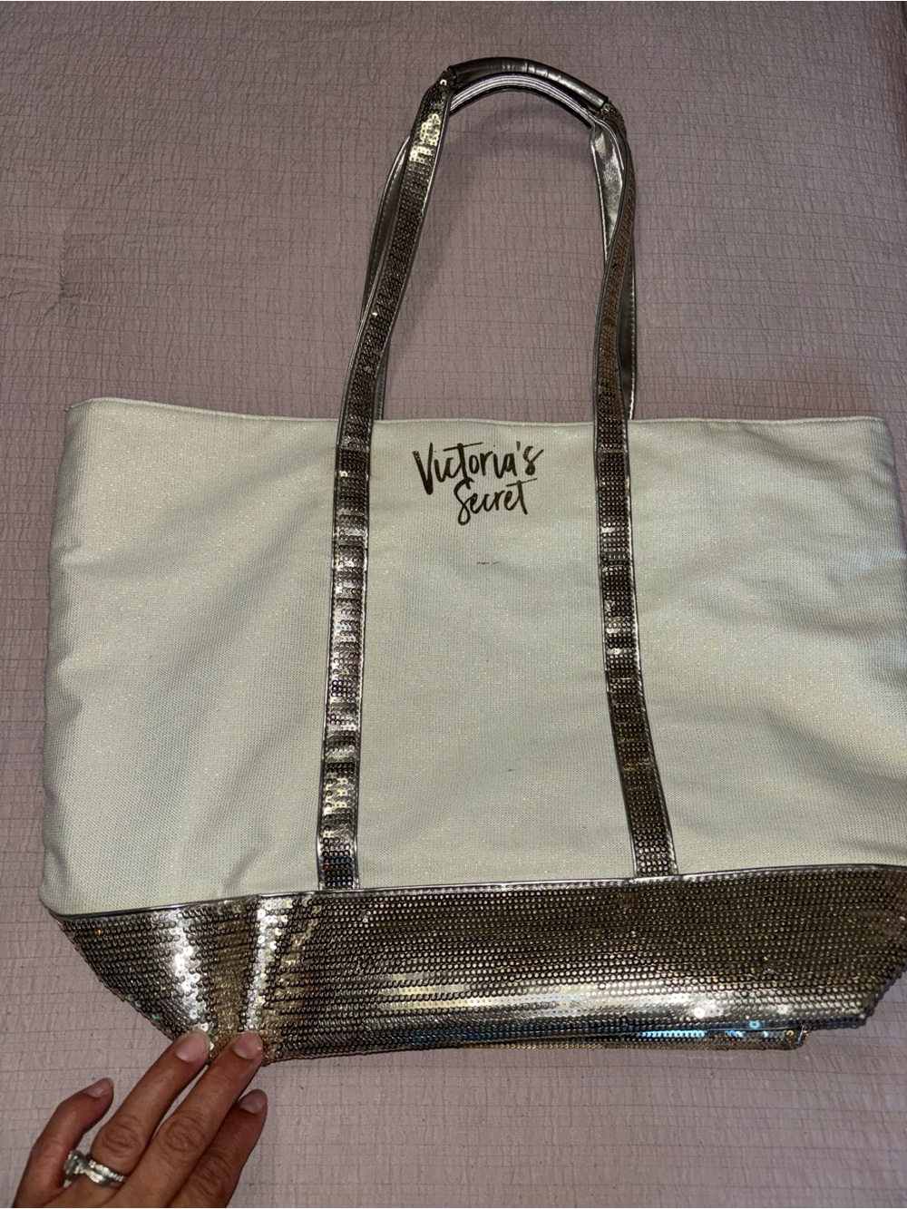 Victoria's Secret White Tote with Metallic Silver Accents